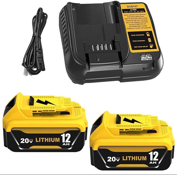 2 Pack 12.0Ah DCB206 Replacement for Dewalt 20V Battery and DCB107 Charger