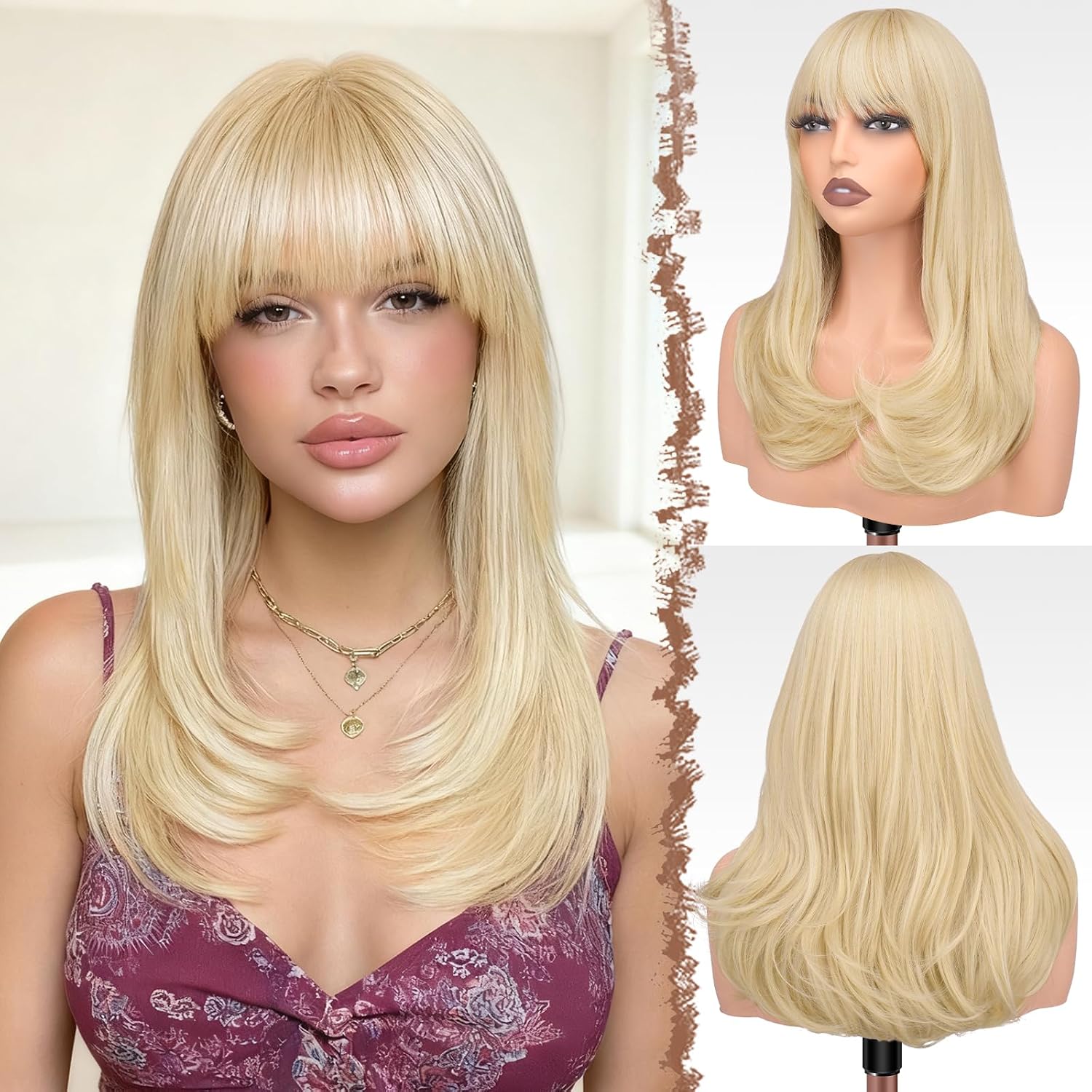 FESHFEN Long Wigs with Bangs, Synthetic Natural Looking Layered Straight Hair Wig for Women Daily Party Use 18 inch, Light Blonde