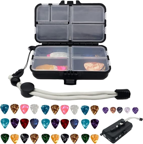 Aestivate Guitar Pick Holder with 35 Picks in 4 Sizes 4 Thickness Celluloid Guitar Pick, Guitar Picks Set 9 Grids Case Portable Picks Organizer Box with Adjustable Nylon Wrist Strap Lanyard