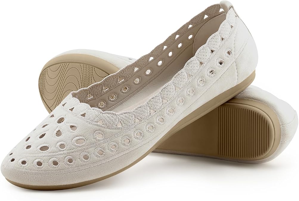 ZURIN Women's Floral Ballet Flats Round Toe Flat Comfortable Dressy Black Beige Flat Dress Shoes Suede Microfiber Slip on Mesh Flats