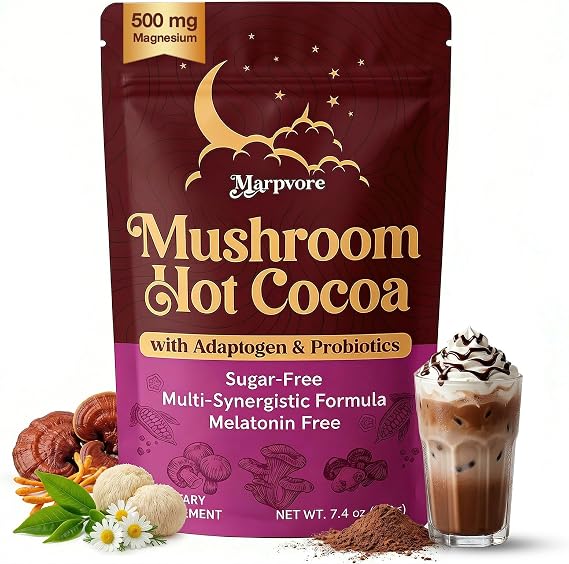 Mushroom Hot Cocoa Powder with Magnesium Glycinate, L-Theanine, Probiotics