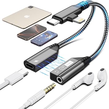 Magnetic Lightning + USB C to 3.5mm Headphone and Charger Adapter,Apple MFi Certified 2-in-2 USB C/Lightning to Aux Audio Jack with PD Fast Charging Cable Compatible with iPhone 16/15 /14/Samsung