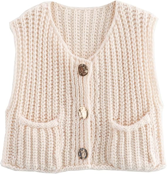 Wyeysyt Sweater Vest Women Sleeveless Crop Knit Cardigan Casual Button Down Cropped Knitted Sweater Vest with Pockets