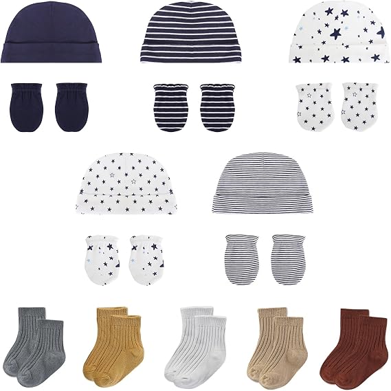 falianni Baby Boy Girl Cotton Hat Mitten Sock Set 15 Pack Infant Essential Accessories for 0-6 Months