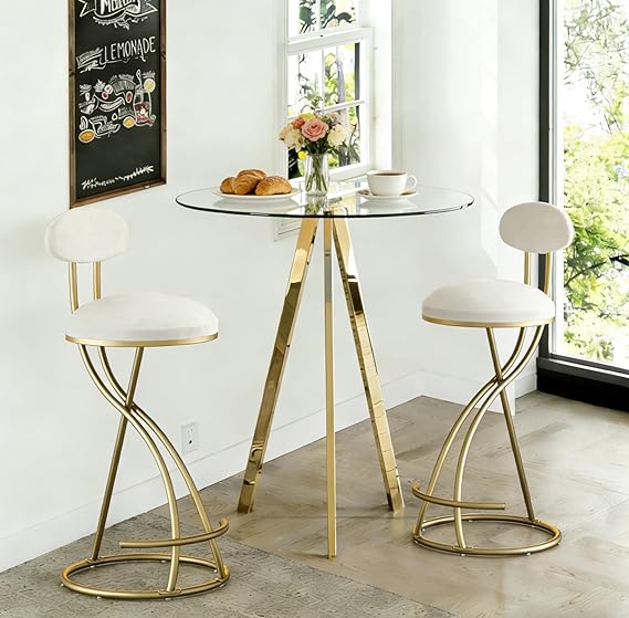 3 Piece Pub Dining Set, Modern Round Bar Table and Chairs for 2, 28" Counter Height Barstools and Glass Kitchen Table Set, 31" Small Dining Table with 2 Velvet Stools