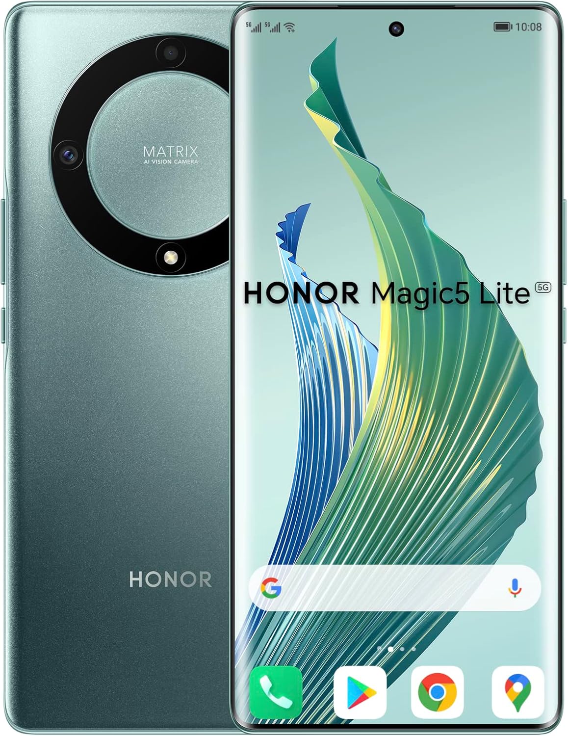 HONOR Magic 5 Lite, Sim-Free & Unlocked Mobile Phones, 5G Smartphone, 6GB128GB, 6,67” Curved AMOLED 120Hz Display, 64MP Triple Rear Camera, 5100 mAh Battery, Dual SIM, Android 12, Emerald Green