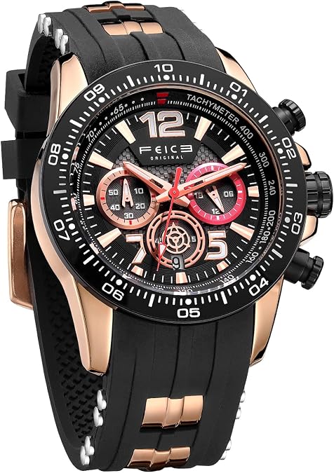 FEICE Men's Wristwatches Sport Waterproof Chronograph Analog Quartz Watch Wtih Silicone Strap Casual Fashion Luminous Dress Watch Business Clock Luxury Watches Elegant Gift for Men FK220-Black