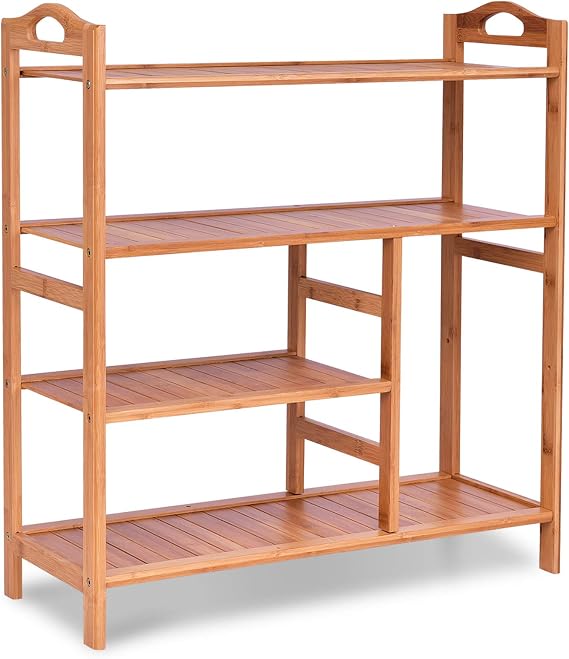 Casart 4-Tier Bamboo Shoe Rack with Boots Storage, Freestanding Wooden Display Shelf with Handle, Multifunctional Storage Organizer for Bathroom Entryway, Hallway, Living Room Plant Stand