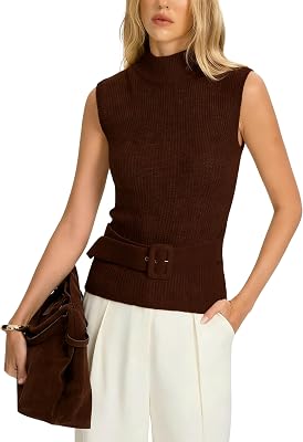Bankeng Women Knit Sweater Vest Casual Tank Top Belted Turtleneck Summer Sleeveless Slim Shirts Pullover