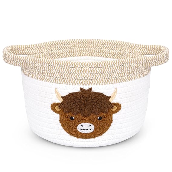 Highland Cow Gift Basket - Small Woven Cotton Rope Organizer Basket for Nursery, Pet Toys & Baby Shower, Foldable Decorative Bin with Handles (7.8x6in)