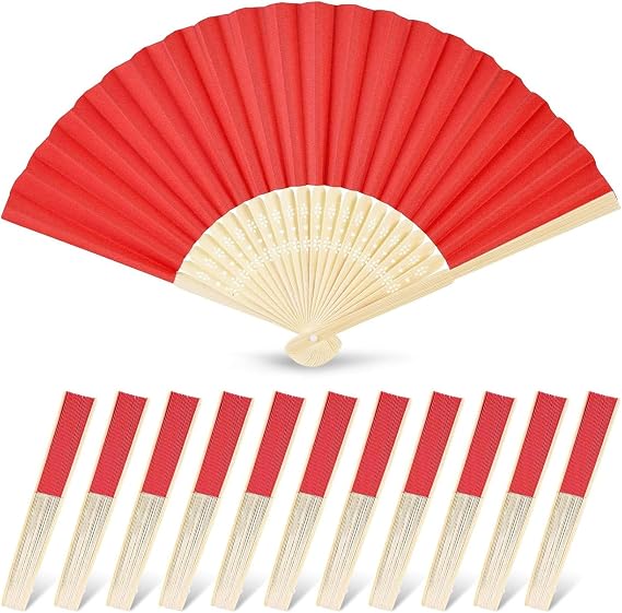 JOHOUSE 12 PCS Red Paper Folding Hand Fans, 8.3 Inch Foldable Handheld