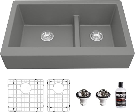 Karran QAR-760 Retrofit Farmhouse/Apron-Front Quartz Composite 34 in. Double Offset Bowl Kitchen Sink Kit in Grey