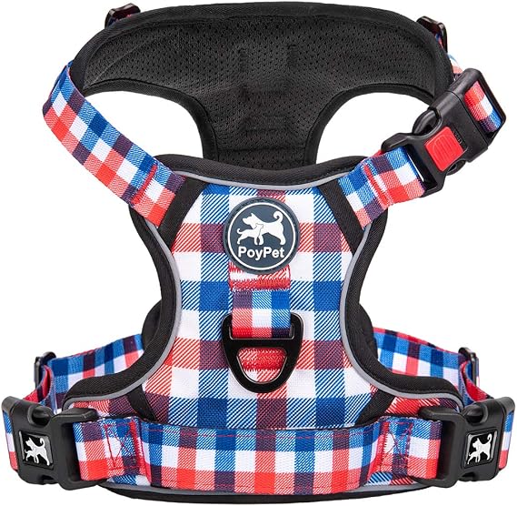 PoyPet Plaid Dog Harness Large, No Pull Vest with Front Clip & Neck Buckle | Padded Handle, Reflective, No Choke, Lockable, 2 Leash Rings, Full Adjustable, for Training Walking, XL, Checkered Blue