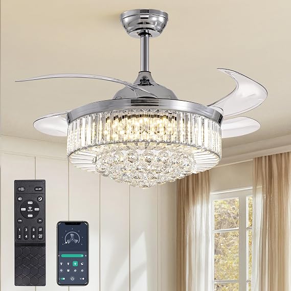 Modern 42 Inches Dimmable Fandelier Crystal Retractable Ceiling Fans with Light and Remote, Invisible LED Crystal Chandelier Fan for Bedroom-Polished Chrome