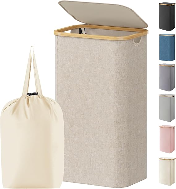 Lifewit 105L Laundry Basket with Lid, Clothes Hampers for Laundry with Bamboo Handles and 1 Removable Bag, Large Foldable Laundry Hamper for Bedroom, Bathroom, Dorm, Laundry Room, Beige