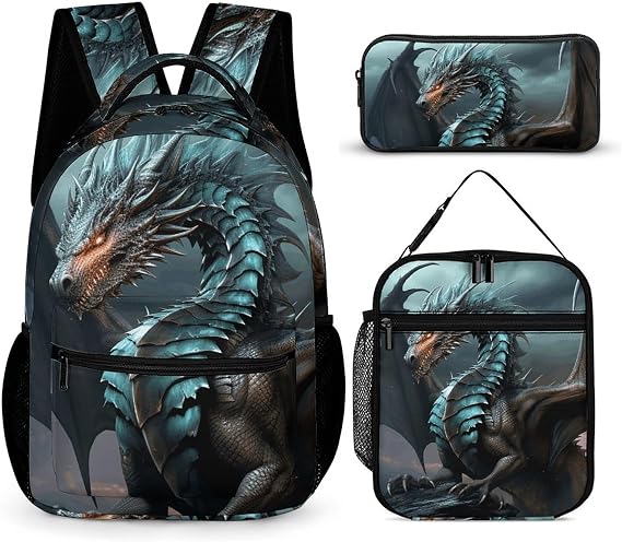 Cool Dragon Backpack Set 3 Piece, Durable Backpack Insulated Lunch Bag Portable Pencil Case for Men Women