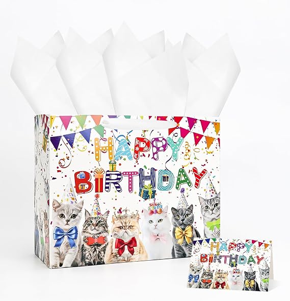 MUNILAIL 13 Inch Cat Birthday Gift Bag with Handle, Tissue Paper & Greeting Card, Large Paper Gift Bag for Boys & Girls Birthday Party, Baby Shower, Cat Theme Parties