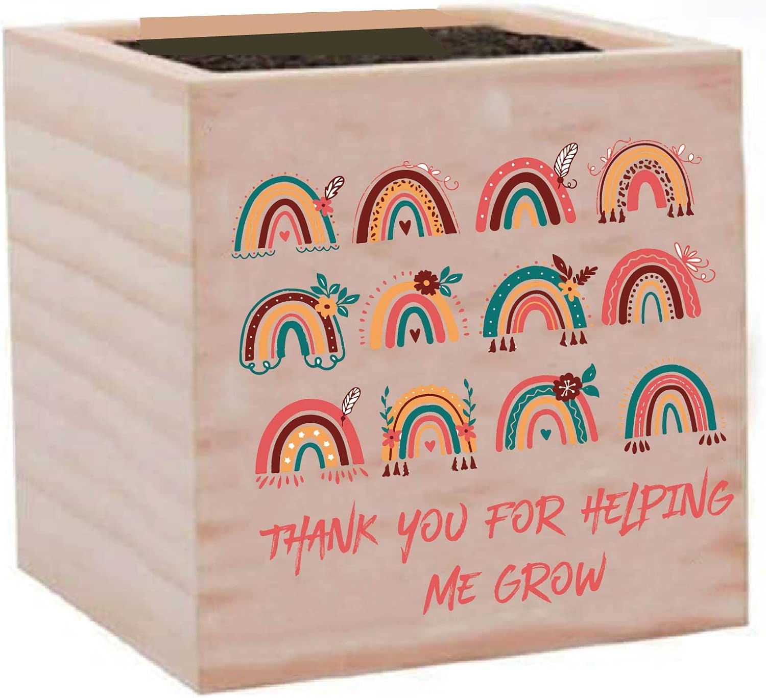 CREATCABIN Plant Cube Appreciation Gift Square Wood Planter Box Small Rustic Rainbow Flowerpot Home Decor for Garden Indoor Outdoor Plants Teacher Parents Gift 3 x 3 Inch-Thank You For Helping Me Grow