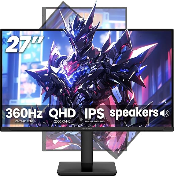 CRUA 27 Gaming Monitor 360HZ 2k 1440P 120%sRGB IPS Computer Display Screen, HeightPivotSwivelTilt Adjustable Vertical Monitor Support FreeSync,Built in Speaker, DP1.4 & HDMI2.1, Wall Mount-Black