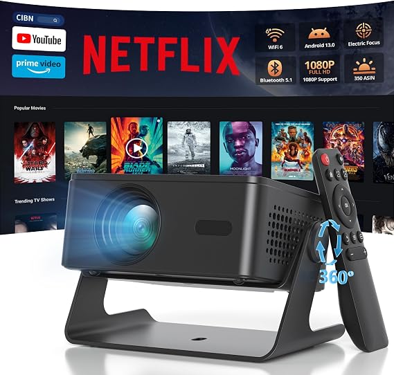 Projector with WiFi and Bluetooth, Outdoor Movie Projector for Home Theater UP to 200" Display, for HDMI/USB/iOS/Android/Laptop/TV Stick