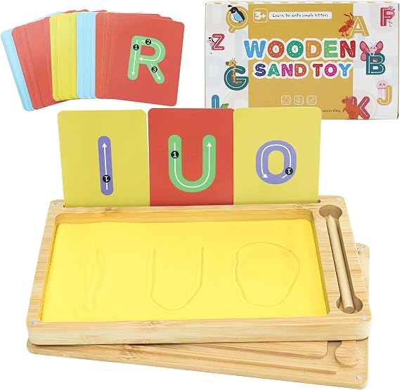 Montessori Sand Tray with Lid, Sand Trays for Classroom, Wooden Sand Letter Tracing Tray with Letters and Numbers Preschool Classroom Must Haves(Yellow)