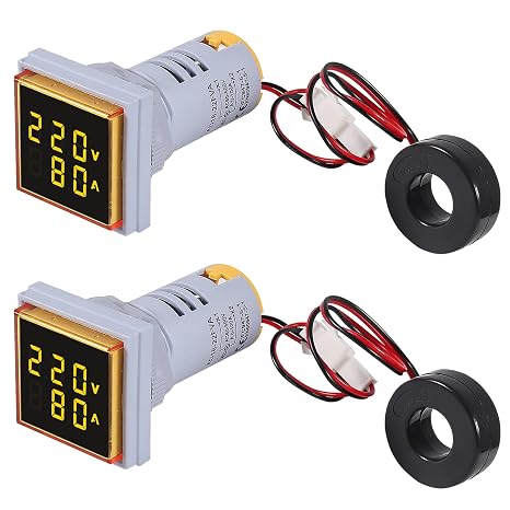 2pcs AC 60-500V 0-100A Digital Ammeter Voltmeter, 22mm Square LED Dual Display Voltage Gauge with Transformer, 110v 220v Voltage Tester Current Meter (Yellow)