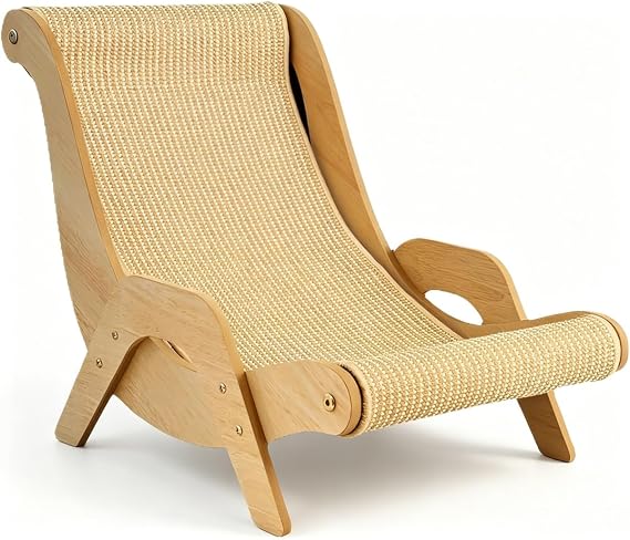 Cat Scratching Chair, Solid Wood & Sisal Cat Scratcher Lounge for Large Cats, Arc Design Cat Couch Sofa Bed, Furniture Protector for Cats Up to 9KG