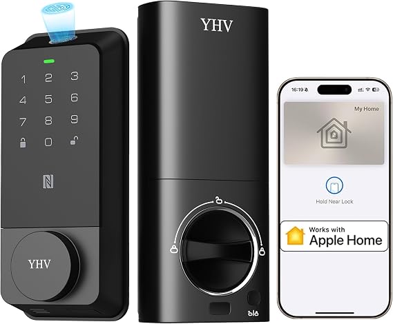 Smart Door Lock with Apple Home Key, Fingerprint Keyless Entry Door Lock Safety Keypad Deadbolt with Code, Built-in Wi-Fi, IP65, Supports Apple Homekit, Alexa, Google for Front Door or Back