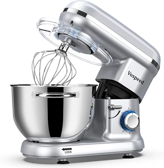 Vospeed Food Processor 6.2 L Electric Stand Mixer with 6 Speeds Kneading Machine for Baking with Stainless Steel Bowl Includes Whisk Dough Hook Whisk and Egg Separator (Silver)