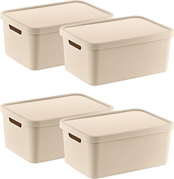 Smartware 4'Lü Set Stafi Çok Amaçlı Kapaklı Kutu Latte 4,5 LT - LATTE, Çok Amaçlı Kapaklı Kutu, Ev-Ofis-Depo İçin, Kapaklı Saklama Kutusu