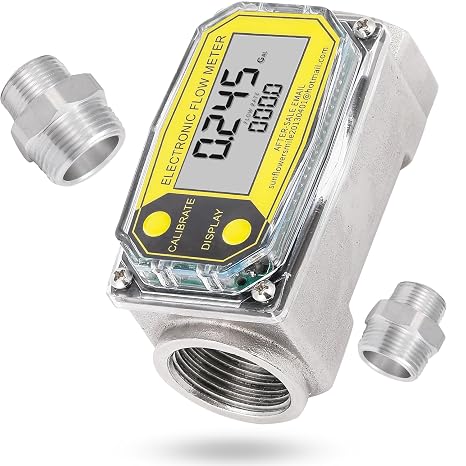 CGOLDENWALL 1 3/4 Turbine Fuel Meter, Stainless Steel Water Meter with NPT Adapters, Gallon Liquid Flowmeter, Digital Inline Flow Meter for Liquids, Required Flow Rate 2.5-26GPM