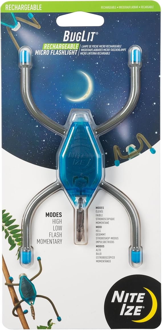 Nite Ize BugLit Rechargeable Micro Flashlight - LED Bug Light for Indoors or Outdoors - Clip On Reading Light - Tent Light for Camping - Task Light with Gear Tie Legs - USB Rechargeable - Bright Blue