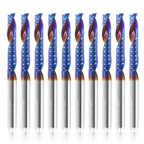 HQMaster 1/8" Shank O Flute CNC Router Bits, Single Flute Upcut Router Bit | 10Pcs Nano Blue Coated Tungsten Carbide End Mills for Acrylic, Plastic, MDF, Aluminum, PVC Smooth Cutting