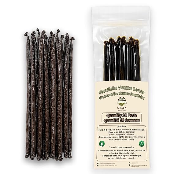 10 Vanilla Beans For Making Vanilla Extract Grade A - NON-GMO Fresh Vanilla Bean pods,#34;6-8" Inches, Plump, baking, whole bean. (10 Count)