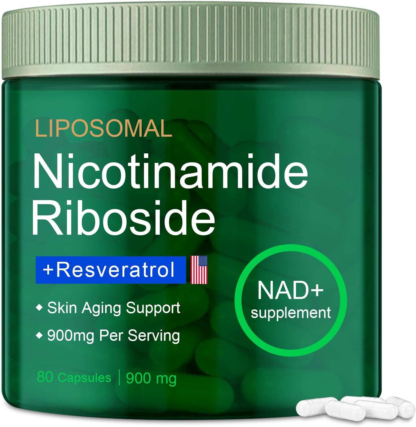 Nicotinamide Riboside, Liposomal Nicotinamide Riboside 900mg Resveratrol Quercetin Supplement for Vitality, Anti Aging, Energy, Focus, 80 Capsules