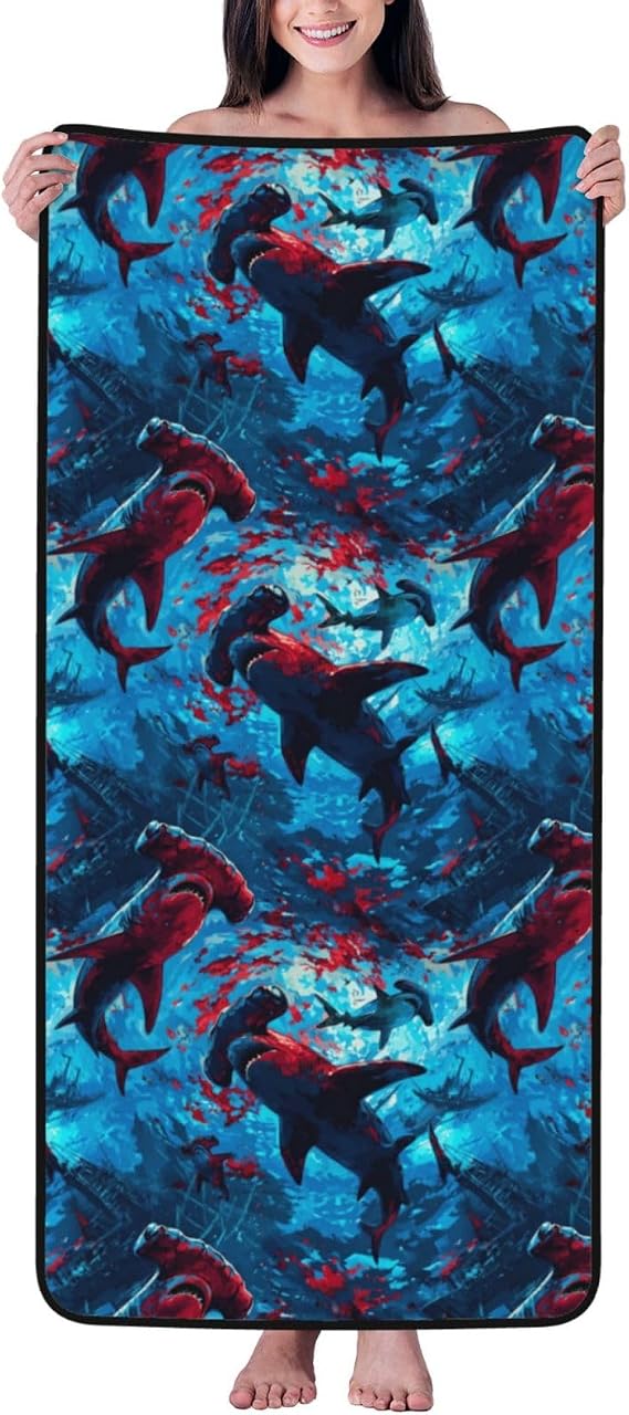 Red Blue Hammerhead Shark Print Extra Large Bath Towels, 27x55 in Beach Towel Shower Towels, Quick Dry Bathroom Towels Sheets, Microfiber Luxury Bath Towels for Bathroom Travel