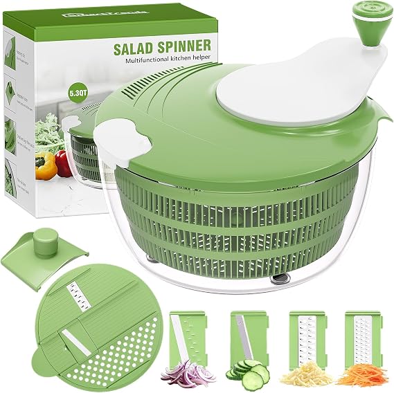 Salad Spinner, 5.3 QT Lettuce Spinner with Strainer & 4 Blades, Green