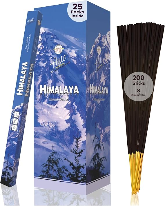 Flute Himalaya Incense Sticks Fresh Himalayan Mountain-Inspired Incense for Relaxation, Yoga & Daily Refresh 8 Sticks/Pack, 25 Packs/Box (9 Inch, 200 Sticks) | 40 Minutes Burn Time