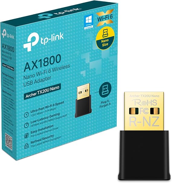 TP-Link Archer TX20U Nano, AX1800 Mbps, Çift Bant, MU-MIMO, USB 2.0, WPA3, Windows 10/11 Uyumlu, Wi-Fi 6 Nano USB Adaptör