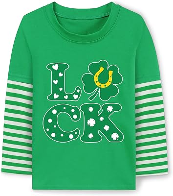 Boys St Patricks Day Shirts Long Sleeve Tees Kids Lucky Clover Graphic Shamrock Green Striped Tops 4-11 Years