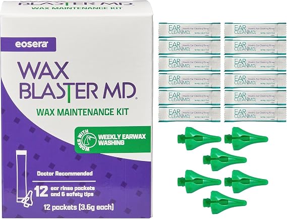 eosera Wax Blaster MD Refill Pack - Includes 12 Ear Clean MD Packets and 6 Safety Tips - Earwax Irrigation Refill Kit for Routine Ear Cleaning and Maintenance