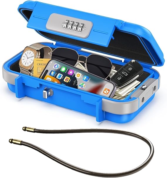 LOFICOPER Portable Safe Box with Combination Lock, Waterproof Security Case with Removable Chain for Travel, Hotel, Beach, Riding, Small Personal Lockbox, Blue