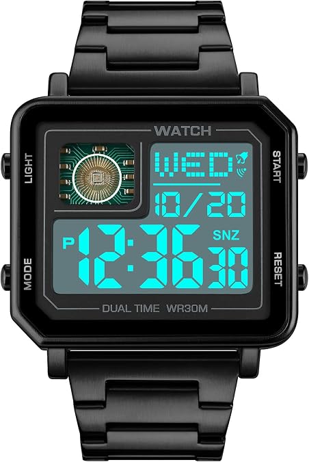 Reginald Watches for Men Fashion Trend Multifunction Outdoor Sports Watch EL Light Large Digital Display Chronograph Stainless Steel Square Watches