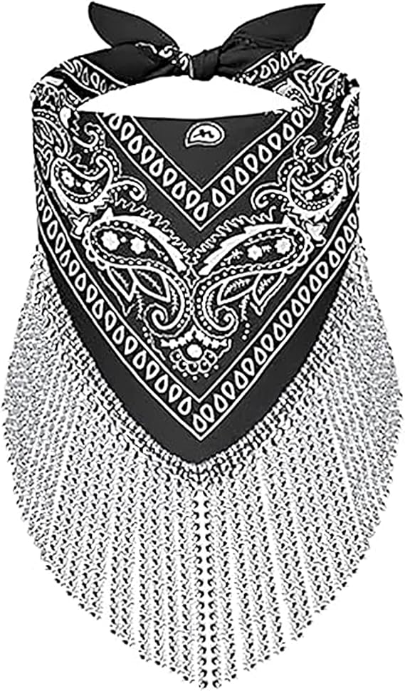 BXT Women Disco Fringed Bandana Rhinestone Paisley Tassel Scarf Head Wrap Western Party Cowgirl Bachelorette Kerchief