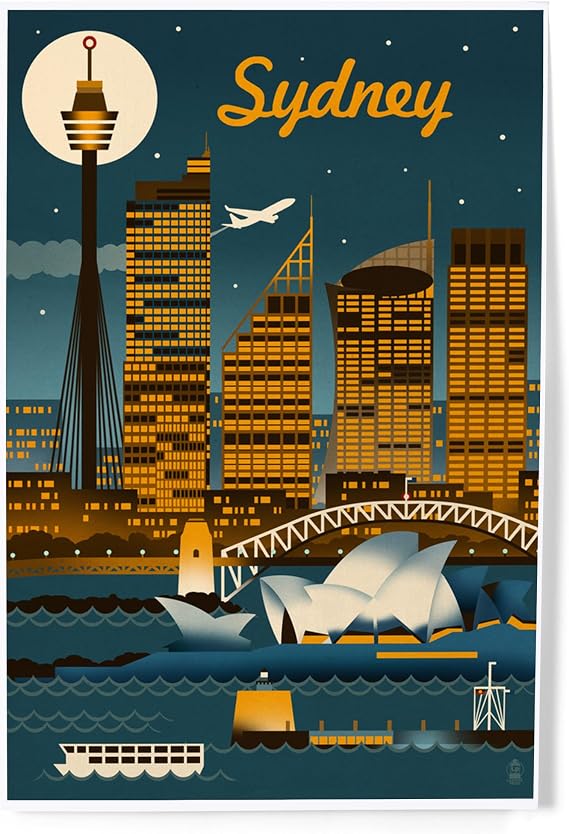 Lantern Press Sydney, Australia, Retro Skyline, 8x12 Inch Art Print Wall Decor
