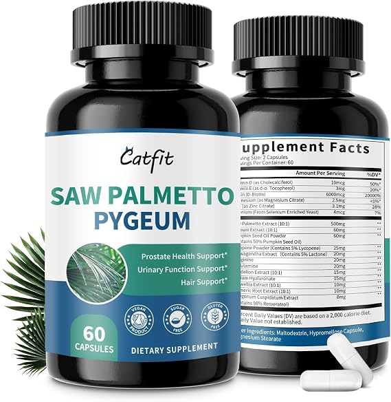 Catfit Saw Palmetto for Men - Prostate Health Supplements for Men DHT Blocker with Pumpkin Seed Oill, Pygeum - Urinary Health and Hair Support,60 Count