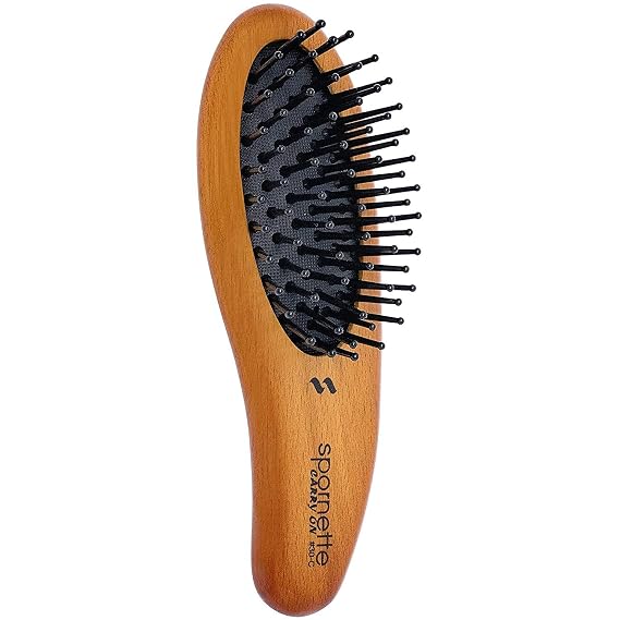 Spornette Carry On Wooden Handle Oval Cushion Mini Hair Brush #30-C Travel Size Brush Fits in Purse or Carry-On Bag for Quick Brush Outs, Detangling, Styling, Smoothing Thick, Normal & Thin Hair