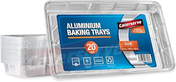 Caterserve Aluminium Foil Trays Containers for Baking Cooking Freezing and Storing Tray Size 32cm x 20cm x 3.3cm (20 Pack)