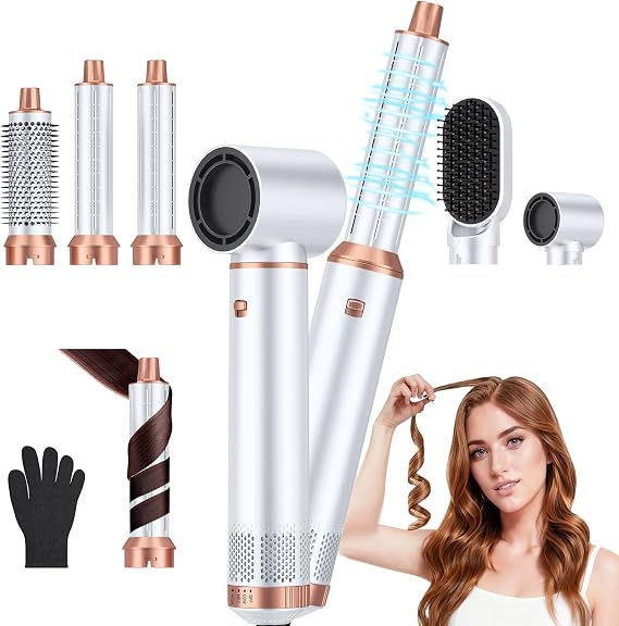 5 in 1 Blow Dryer Brush Set, Detachable Hot Air Styler & Hair Dryer Brush for Women, Blowout Brush with Auto Wrap Curling Iron, Smoothing Brush & Round Brush Volumizer for All Hair Types