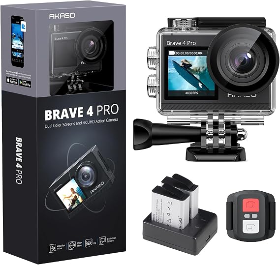 AKASO Action Cam 4K 20MP WiFi 40M Unterwasserkamera Ultra HD Touchscreen 170 ° Einstellbar Weitwinkel EIS Stabilisierung 5X Zoom 2.4G Fernbedienung und 2 Akkus 1350mAh- Brave 4 Pro (Grau)
